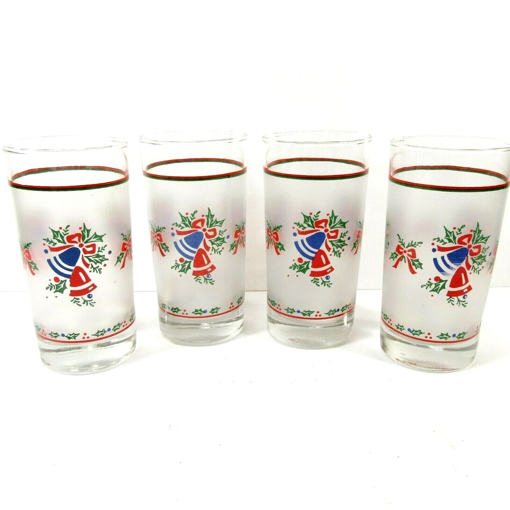 4 Christmas Tumblers Bells Bows and Holly Drinking Glass \Vintage